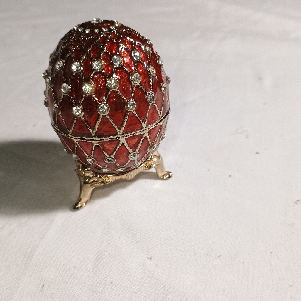 Red and Gold Bejeweled Decorative Egg with Stand 2.5 In Trinket Box